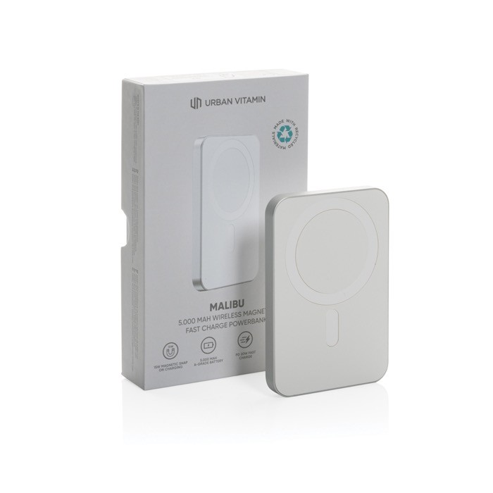 Powerbank 2 en 1 con imán y cargador para reloj 5.000 mAh color plateado vista con caja Powerbank 2 en 1 con imán y cargador para reloj 5.000 mAh color plateado vista con caja