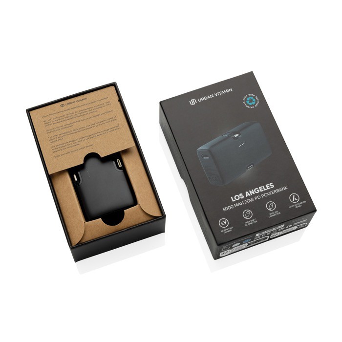 Powerbank de plástico reciclado con indicador de carga 20W color negro vista con caja