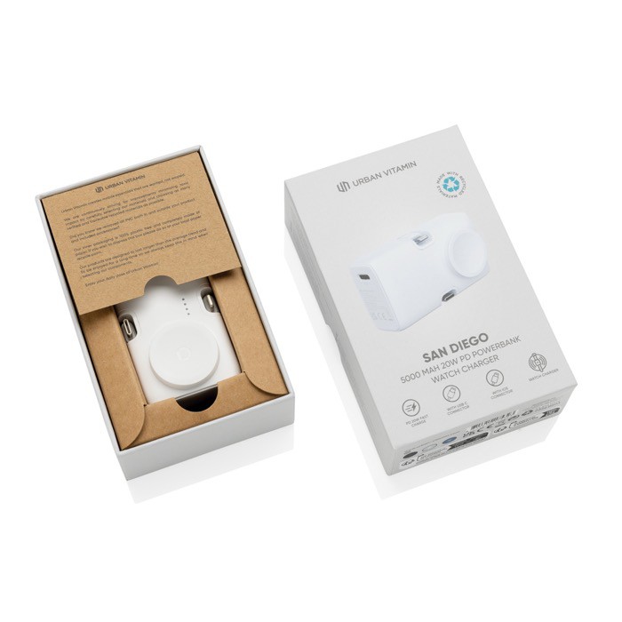 Cargador para reloj y varios dispositivos con potencia de 20W color blanco vista con caja