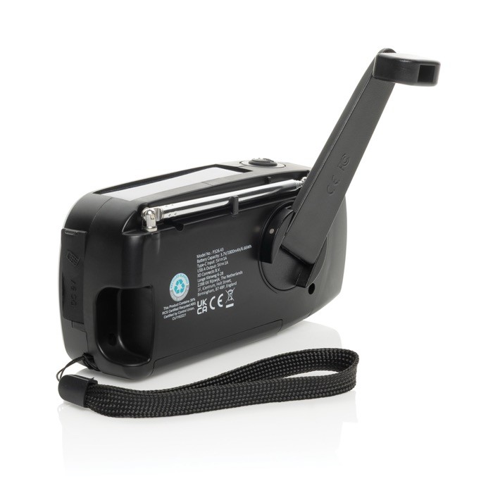Radio de emergencia multifunción ABS reciclado con manivela 1.800 mAh color negro tercera vista