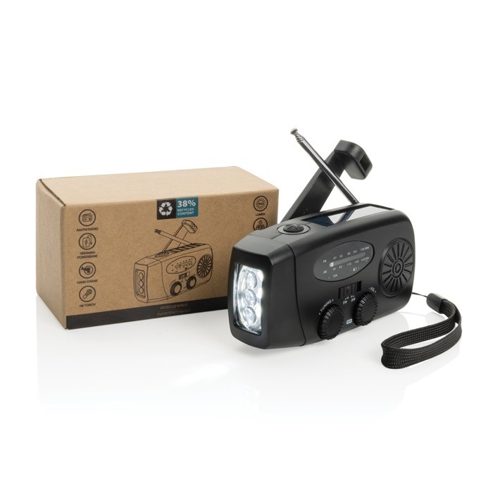 Radio de emergencia multifunción ABS reciclado con manivela 1.800 mAh color negro vista con caja