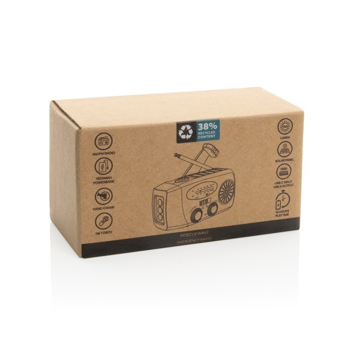 Radio de emergencia multifunción ABS reciclado con manivela 1.800 mAh color negro segunda vista con caja