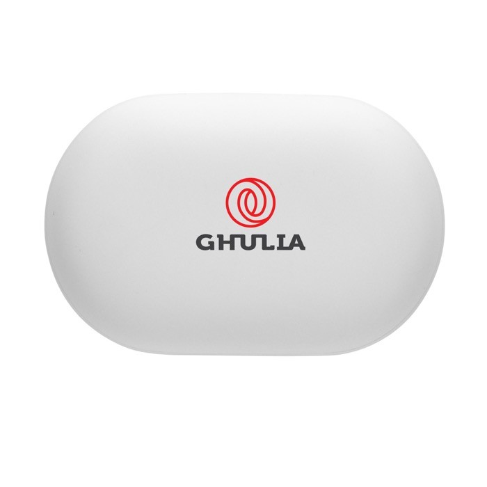 Auriculares de botón sin ruido color blanco vista con logo Auriculares de botón sin ruido color blanco vista con logo