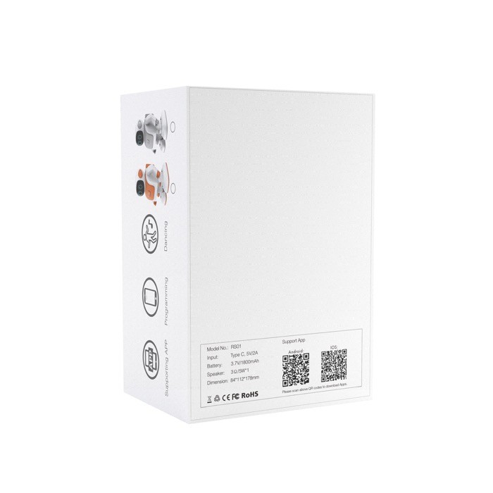 Robot Robert que baila con conexión móvil y altavoz incorporado color blanco segunda vista con caja Robot Robert que baila con conexión móvil y altavoz incorporado color blanco segunda vista con caja