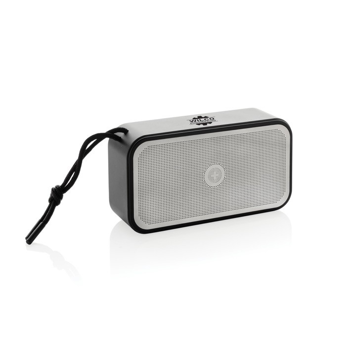 Altavoz BT 5.3 en aluminio reciclado con graves potentes 10W Swiss Peak color gris vista con logo
