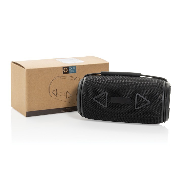 Altavoz BT 5.3 en plástico reciclado con resistencia IPX4 16W color negro vista con caja