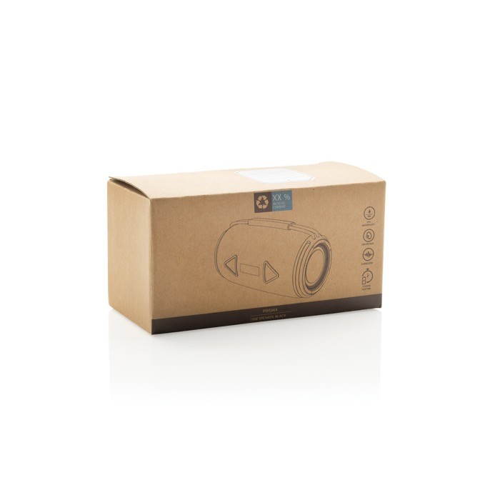 Altavoz BT 5.3 en plástico reciclado con resistencia IPX4 16W color negro segunda vista con caja