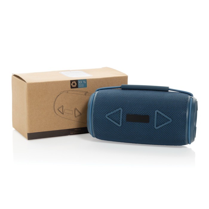 Altavoz BT 5.3 en plástico reciclado con resistencia IPX4 16W color azul vista con caja