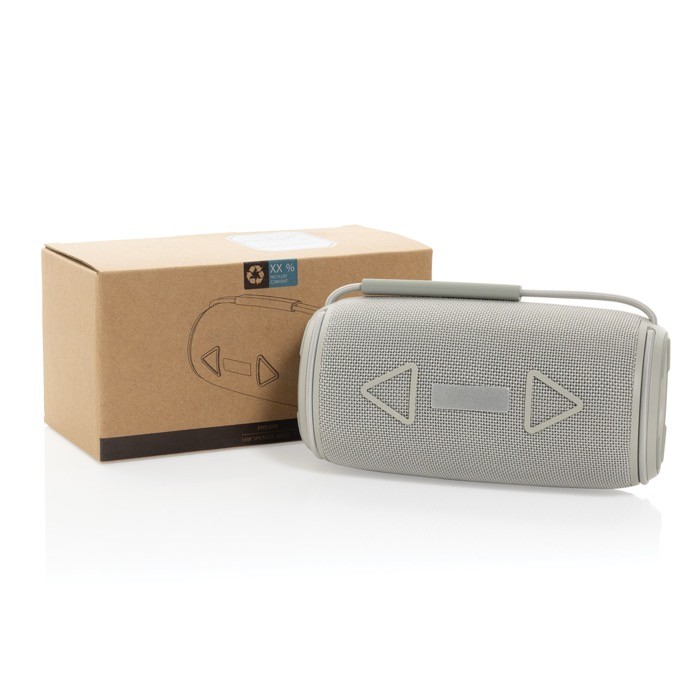 Altavoz BT 5.3 en plástico reciclado con resistencia IPX4 16W color gris vista con caja