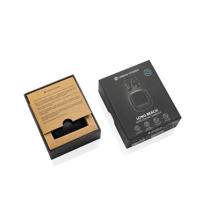 Auriculares inalámbricos con función de llamada e impermeable IPX 4 color negro vista con caja