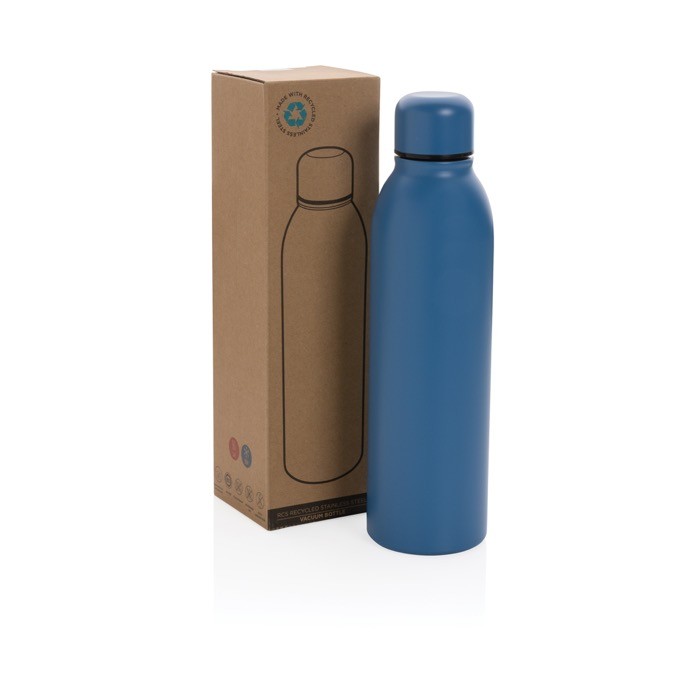 Botella promocional de acero reciclado color azul vista con en caja Botella promocional de acero reciclado color azul vista con en caja