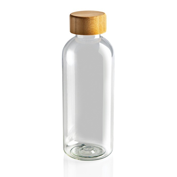 Botella de plástico reciclado tapón de bambú color transparente quinta vista Botella de plástico reciclado tapón de bambú color transparente quinta vista
