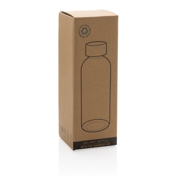 Botella de plástico reciclado tapón de bambú color azul segunda vista con en caja Botella de plástico reciclado tapón de bambú color azul segunda vista con en caja