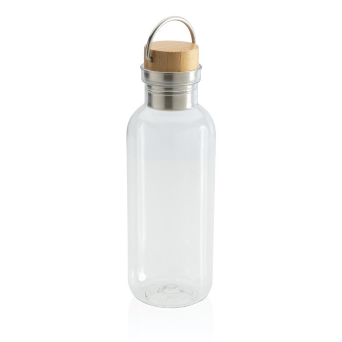 Botella de plástico reciclado tapón de bambú color transparente cuarta vista Botella de plástico reciclado tapón de bambú color transparente cuarta vista