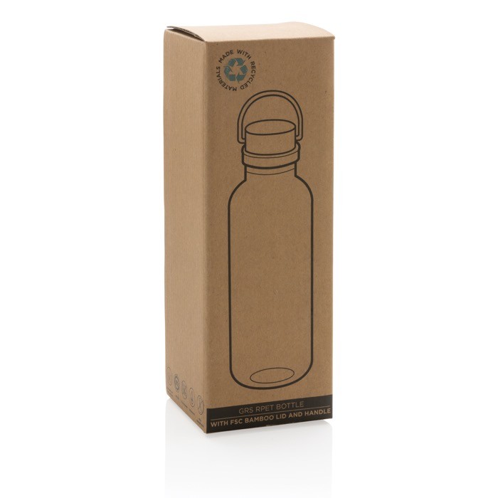 Botella de plástico reciclado tapón de bambú color transparente segunda vista con en caja Botella de plástico reciclado tapón de bambú color transparente segunda vista con en caja