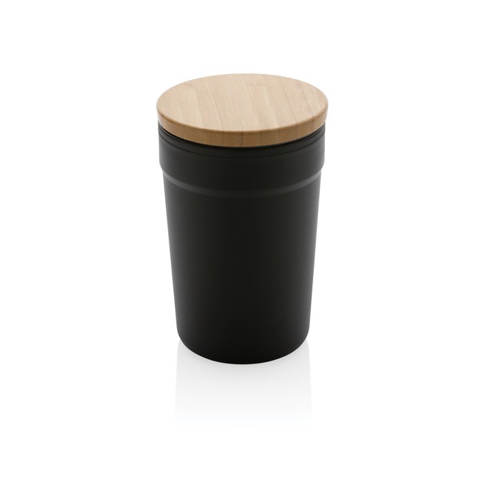 Taza térmica promocional con tapa de bambú color negro Taza térmica promocional con tapa de bambú color negro