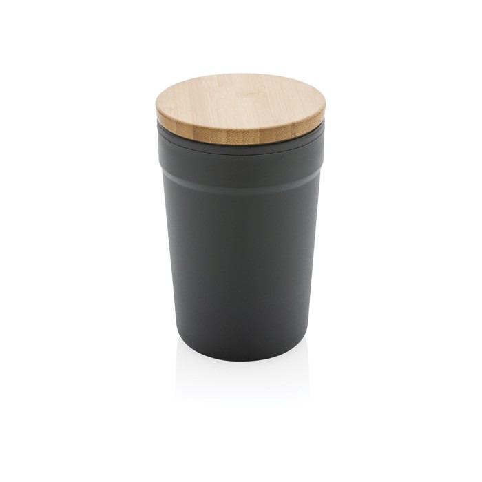 Taza térmica promocional con tapa de bambú color gris oscuro Taza térmica promocional con tapa de bambú color gris oscuro