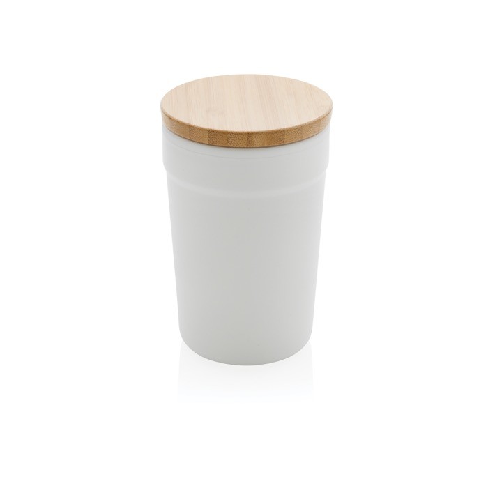 Taza térmica promocional con tapa de bambú color blanco Taza térmica promocional con tapa de bambú color blanco