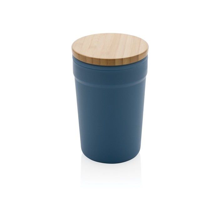 Taza térmica promocional con tapa de bambú color azul Taza térmica promocional con tapa de bambú color azul