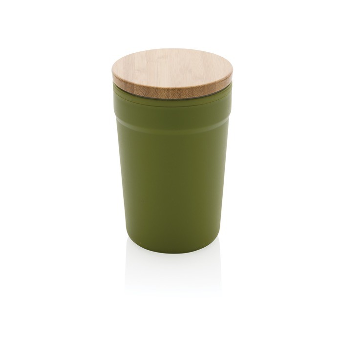Taza térmica promocional con tapa de bambú color verde oscuro Taza térmica promocional con tapa de bambú color verde oscuro