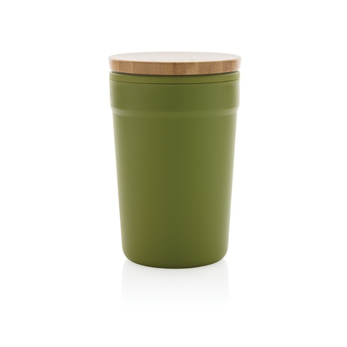 Taza térmica promocional con tapa de bambú color verde oscuro segunda vista Taza térmica promocional con tapa de bambú color verde oscuro segunda vista