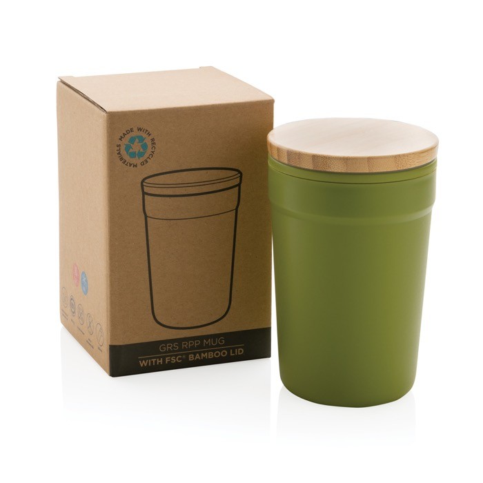 Taza térmica promocional con tapa de bambú color verde oscuro vista con caja Taza térmica promocional con tapa de bambú color verde oscuro vista con caja