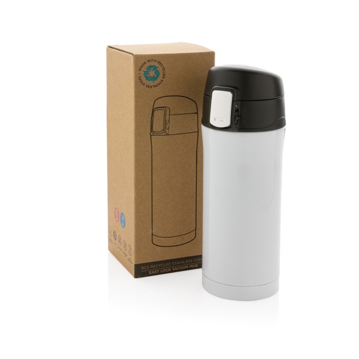 Termos con logo de acero reciclado de colores color blanco vista con caja Termos con logo de acero reciclado de colores color blanco vista con caja