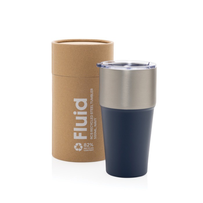 Vaso térmico de acero inoxidable reciclado antigoteo de 500ml color azul marino vista con caja Vaso térmico de acero inoxidable reciclado antigoteo de 500ml color azul marino vista con caja