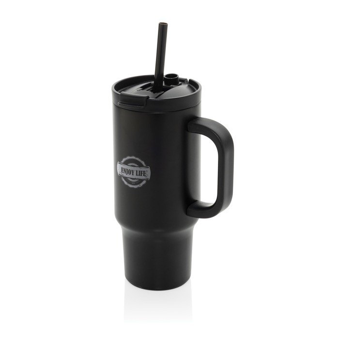 Vaso térmico de acero inoxidable reciclado con pajita y asa 480 ml color negro vista con logo