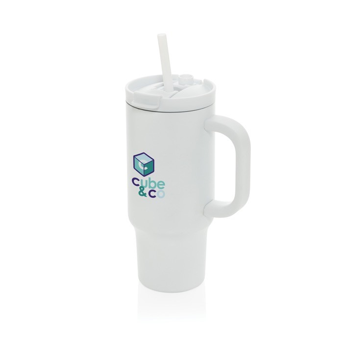Vaso térmico de acero inoxidable reciclado con pajita y asa 480 ml color blanco vista con logo