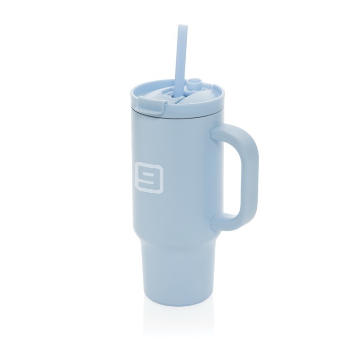 Vaso térmico de acero inoxidable reciclado con pajita y asa 480 ml color azul vista con logo
