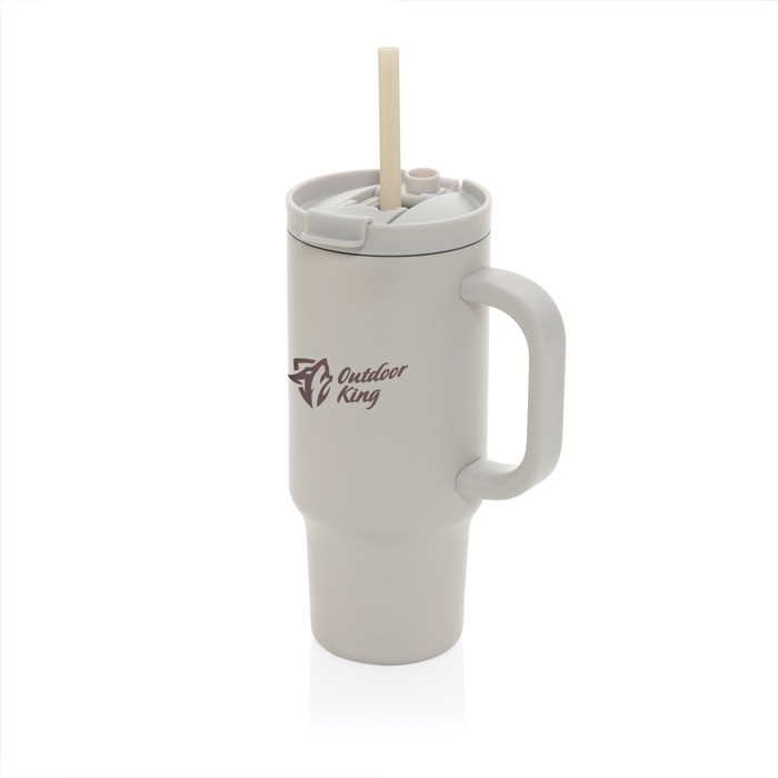 Vaso térmico de acero inoxidable reciclado con pajita y asa 480 ml color gris vista con logo