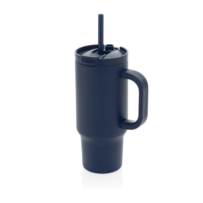 Vaso térmico de acero inoxidable reciclado con pajita y asa 480 ml color azul marino