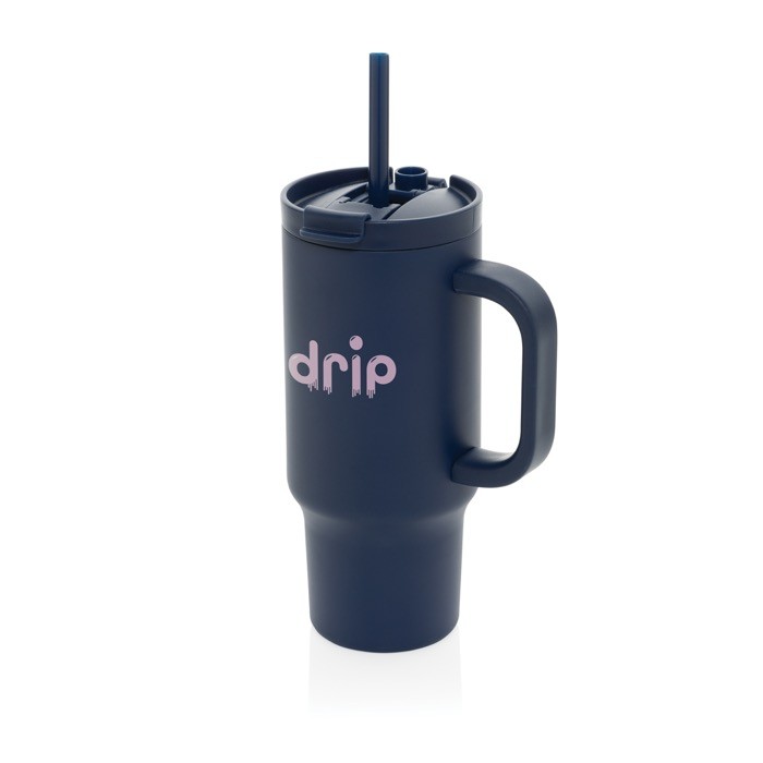 Vaso térmico de acero inoxidable reciclado con pajita y asa 480 ml color azul marino vista con logo
