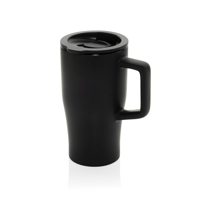 Taza premium de cerámica con asa ergonómica y tapa antigoteo 490 ml color negro