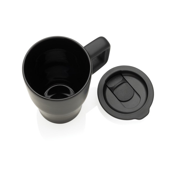 Taza premium de cerámica con asa ergonómica y tapa antigoteo 490 ml color negro sexta vista