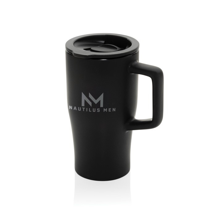 Taza premium de cerámica con asa ergonómica y tapa antigoteo 490 ml color negro vista con logo
