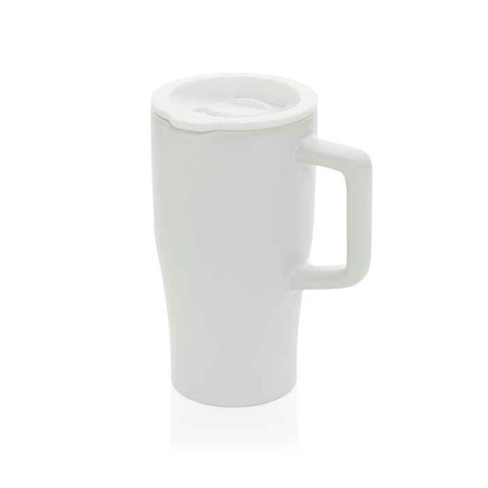 Taza premium de cerámica con asa ergonómica y tapa antigoteo 490 ml color blanco