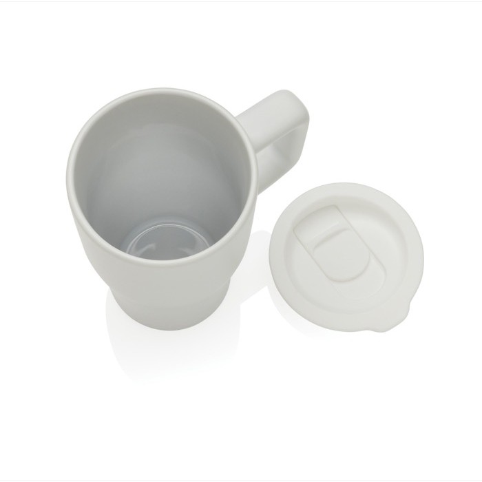 Taza premium de cerámica con asa ergonómica y tapa antigoteo 490 ml color blanco sexta vista