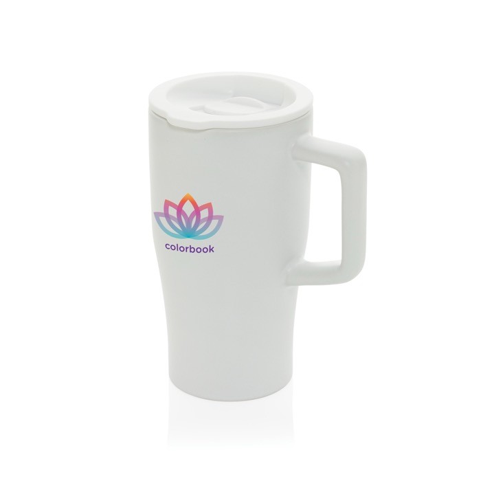 Taza premium de cerámica con asa ergonómica y tapa antigoteo 490 ml color blanco vista con logo
