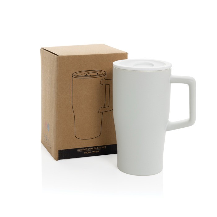 Taza premium de cerámica con asa ergonómica y tapa antigoteo 490 ml color blanco vista con caja