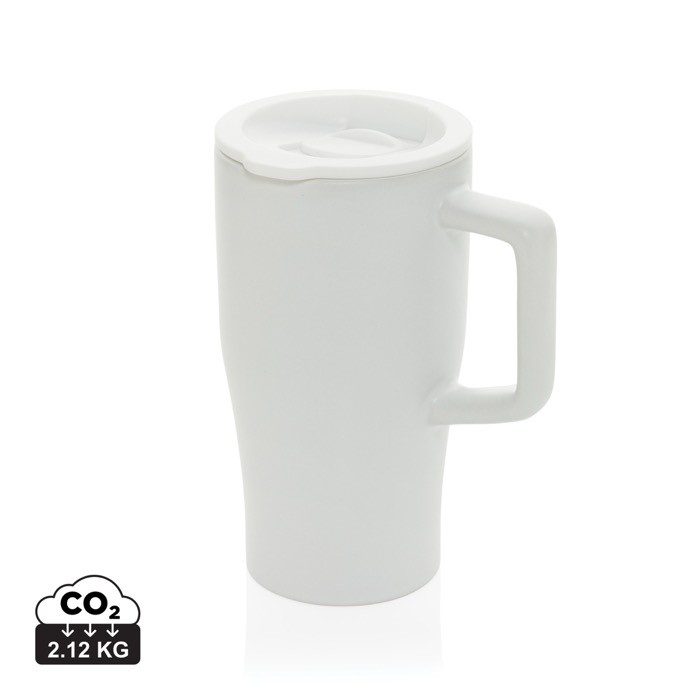 Taza premium de cerámica con asa ergonómica y tapa antigoteo 490 ml color blanco