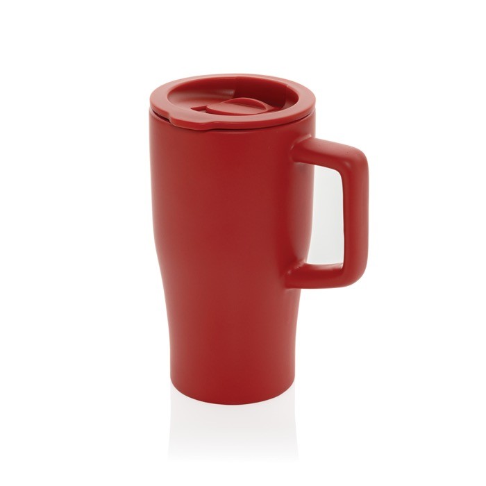 Taza premium de cerámica con asa ergonómica y tapa antigoteo 490 ml color rojo