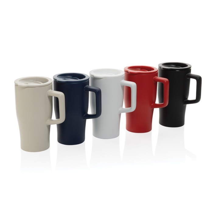 Taza premium de cerámica con asa ergonómica y tapa antigoteo 490 ml color rojo vista general
