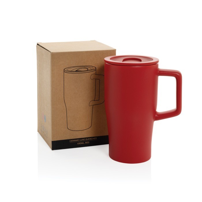 Taza premium de cerámica con asa ergonómica y tapa antigoteo 490 ml color rojo vista con caja