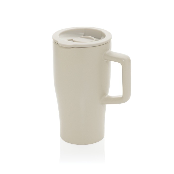 Taza premium de cerámica con asa ergonómica y tapa antigoteo 490 ml color gris