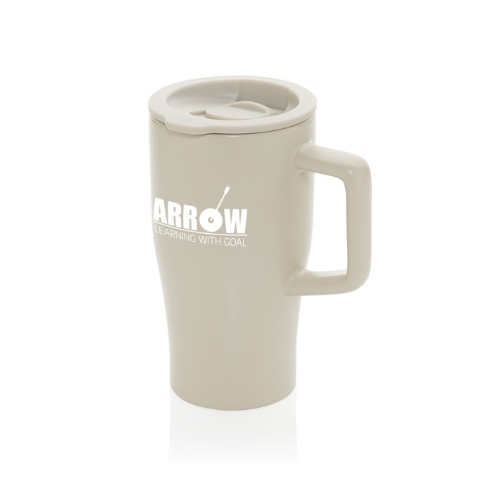 Taza premium de cerámica con asa ergonómica y tapa antigoteo 490 ml color gris vista con logo