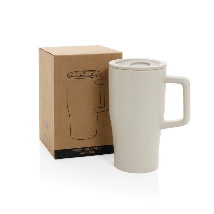 Taza premium de cerámica con asa ergonómica y tapa antigoteo 490 ml color gris vista con caja