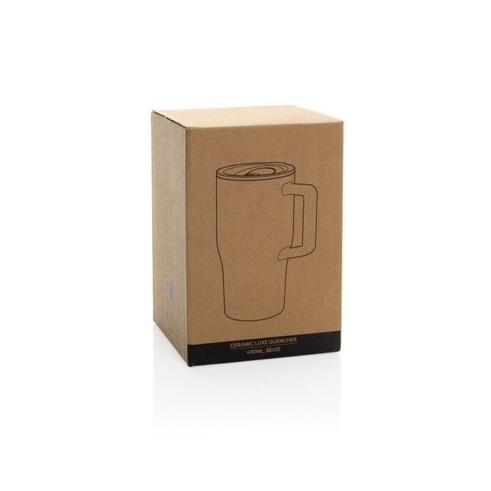 Taza premium de cerámica con asa ergonómica y tapa antigoteo 490 ml color gris segunda vista con caja