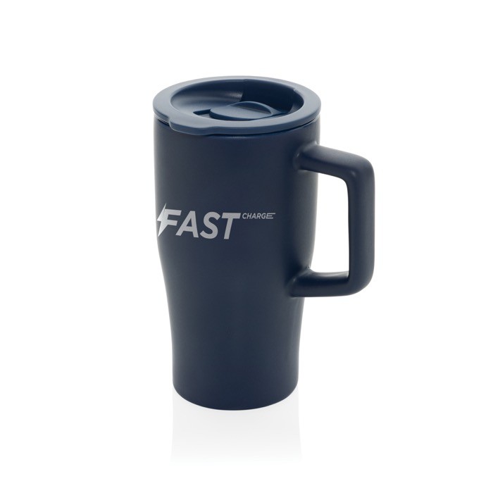 Taza premium de cerámica con asa ergonómica y tapa antigoteo 490 ml color azul marino vista con logo